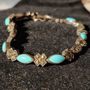 Very Fine Vintage Sterling Silver Turquoise Marcasite Bracelet 7-3/4"   13.8g NM